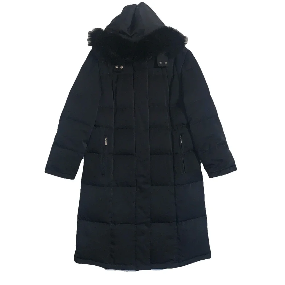 Utex Design Womens L Parka Down Puffer Coat Hooded Fur Quilted Black Long Jacket